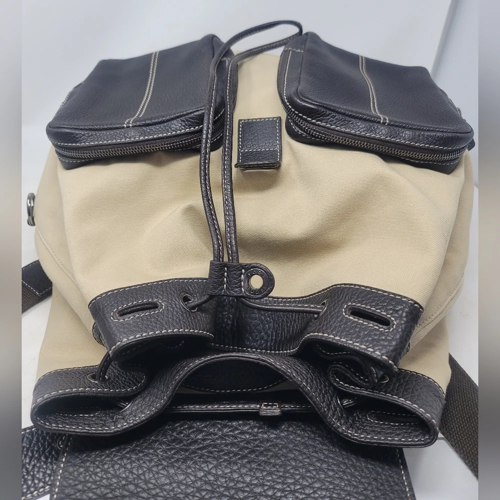 Tod's Brown Leather Canvas Large Backpack Bag Authentic